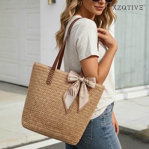 XZQTIVE Summer Beach Crochet Bags for Women Knit&Straw Woven Tote Soft Fabric Boho Shoulder Bag for Vacation Shopping
