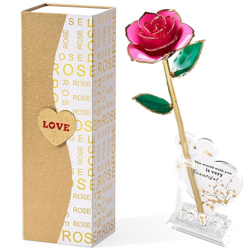 Mikasol Gold Dipped Real 24K Forever Preserved Rose, 1 Pack Infinity Flower Decor Hand Dipped Romantic Gift for Women in H...
