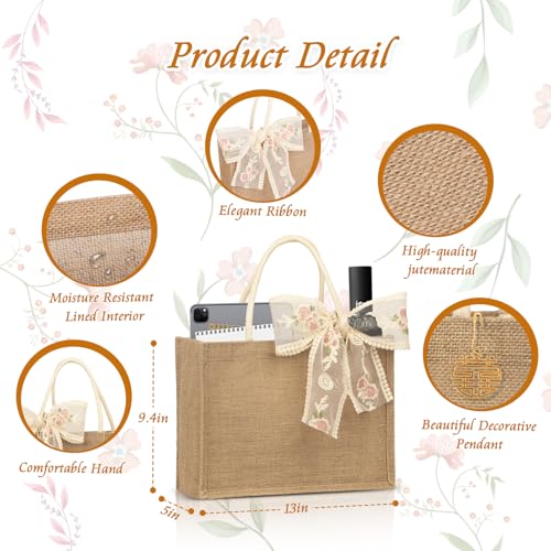 Burlap Jute Tote Bags with PE Lined Water-Resistant Interior, 13x9x5 Inch Reusable Bag for Beach,Shopping, Bridesmaid Gift