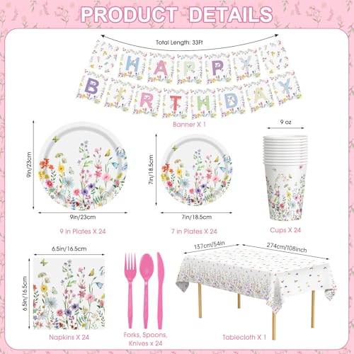 170 Pcs Spring Flower Birthday Party Decorations Sets, Includes Happy Birthday Banner, Floral Plates, Napkins, Cups, Plast...