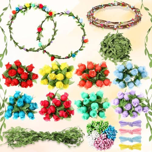 Zeyune 20 Sets Spring Tea Party Favor Flower Crowns Making Kit, Make Your Own Flower Crown Wreath Garland Headbands Craft ...