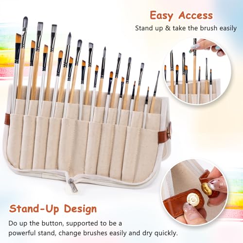 Stand Up Canvas Paint Brush Holder Case for Artists, 22 Slots Brush Organizer with Pop-Up Stand, Zippered Travel Paint Bru...