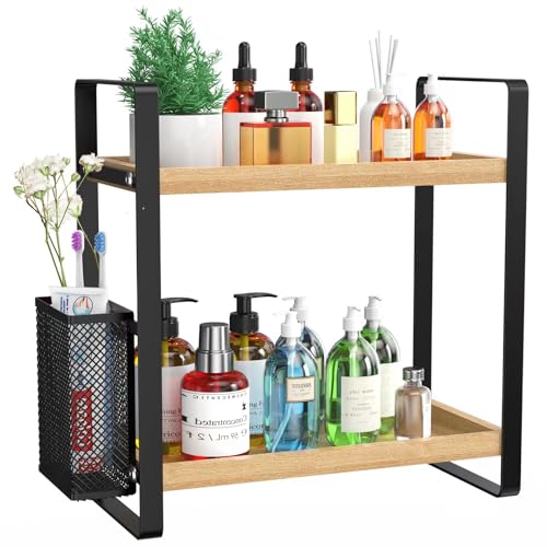LEMIKKLE 2-Tier Wood Bathroom Counter Organizer with Basket,Waterproof Vanity Perfume Skincare Storage for Bathroom, Kitch...