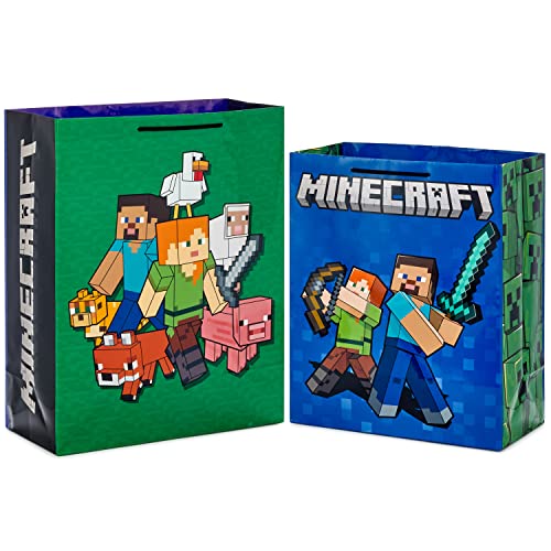 Hallmark Minecraft Gift Bag Bundle (2 Bags: 13" Large Blue Bag, 15" Extra Large Green) for Birthdays, Christmas, Valentin...