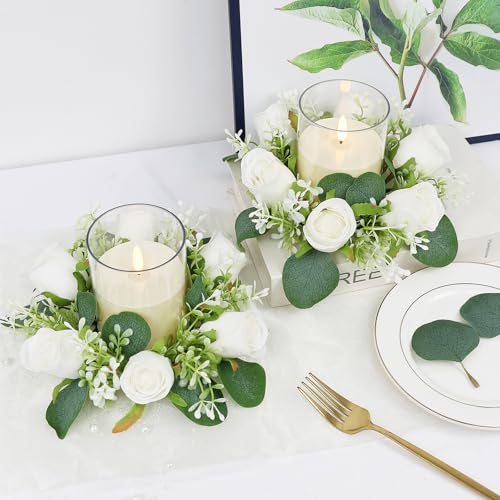 Acmee White Rose Candle Rings with Flameless Candles Sets - 12PCS Artificial Flower Eucalyptus Wedding Centerpiece 3 Inch ...