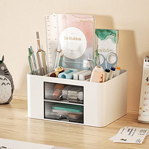 Marbrasse Pen Organizer with 2 Drawer, Multi-Functional Pencil Holder for Desk, Desk Organizers and Accessories with 5 Com...