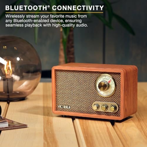 Victrola Willow – Retro Wood Bluetooth Radio with Built-in Speakers: Elegant & Vintage Design, Rotary AM/FM Tuning Dial, B...