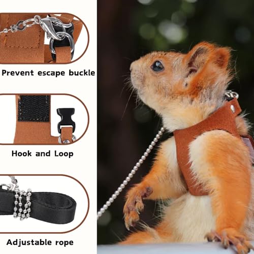 3 Pack Squirrel Harness and Leash Set - Adjustable Soft Leather & Traction Rope Strap Anti-Biting Chainfor Small Pet Walk ...