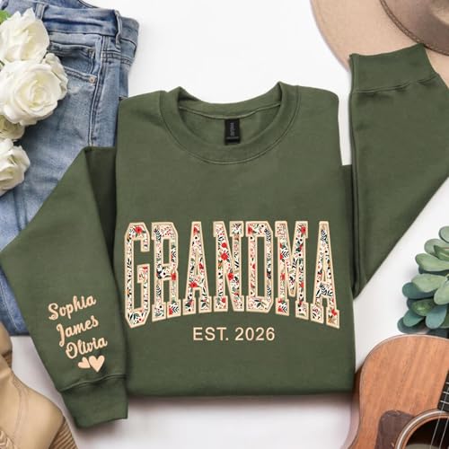 NAZENTI Personalized Floral Applique Embroidery Mama Sweatshirt, Custom Grandma Sweatshirt, Mama Gifts Christmas Mother's Day