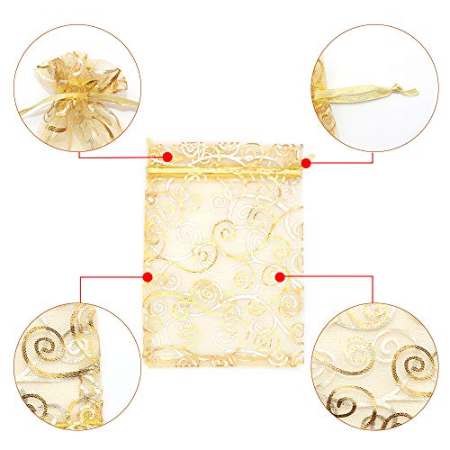 Staruby Organza Gift Bags 100Pcs Gold Sheer Organza Bag 4x6 Inch Mesh Favor Bags Drawstring Jewelry Rattan Printed Gift Po...