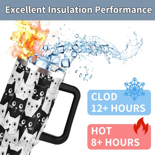 OMFUNS 40 oz Insulated Tumbler with Handle - Funny Black Cat Stainless Steel Metal Water Bottle with Lid and Straw, Everyt...