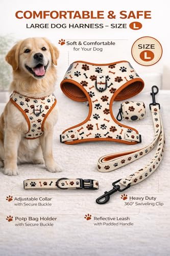 No Pull Dog Harness Set 4PCS – Adjustable Soft Vest Harness with Leash, Collar & Poop Bag Dispenser – Durable & Comfortabl...