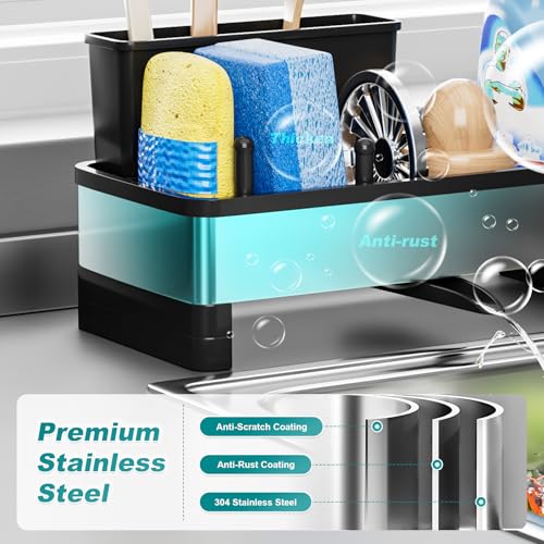 Ewaiira Stainless Steel Sink Caddy, Sponge Holder for Kitchen Sink with Brush Holder Dishcloth Rack, Rustproof sink Organi...