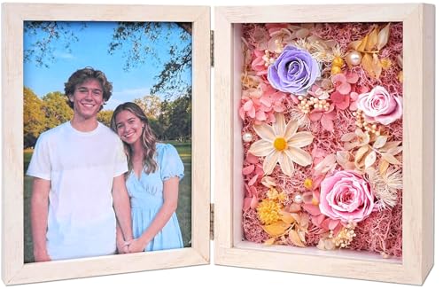 5x7'' Shadow Box Picture Frame Double Photos with Preserved Flowers, Real Floral Deep Wood Shadow Box Display Case Desktop...