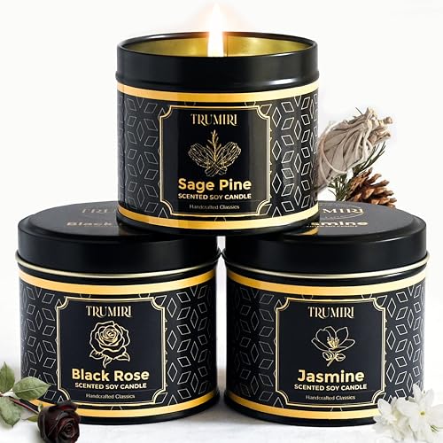 Candle Gift Set of 3 Sage Pine|Jasmine|Black Rose Strong Scented Soy Candels Natural Non Toxic Velas Aromáticas Favors for...