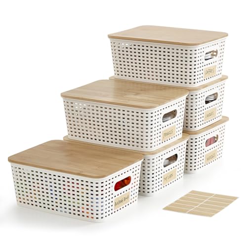 Bagnizer Small Plastic Storage Bins with Bamboo Lids 5.2qt Stackable Box Basket Pantry Decorative Containers Cute with Lab...