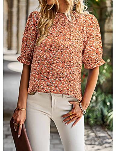 ZILIN Women's Summer Boho Floral Shirt Top Ruffle Mock Neck Puff Short Sleeve 2026 Casual Blouses