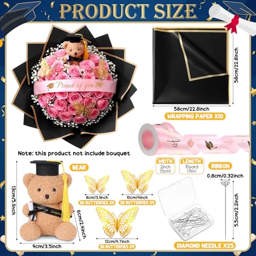 Gilprop 25 Pcs Graduation Flower Bouquet Accessories 2026 with 1 Bear 10 Floral Wrapping Paper 1 Ribbon 12 Butterfly Decor...