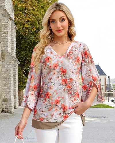 Timeson Women's 3/4 Sleeve Floral Blouses Shirts Double Layers V Neck Dressy Tunics Tops