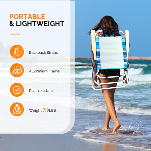 VINGLI Aluminum 17" Backpack Beach Chair – Tall Beach Chairs for Adults, Portable with Adjustable Straps, 3-Position Recli...