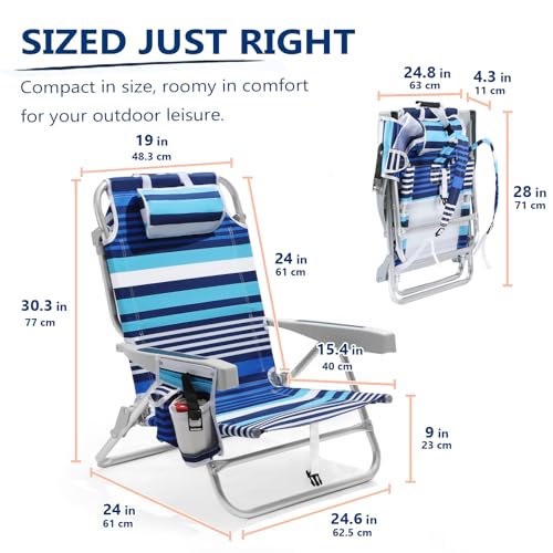 5-Position Aluminum Lay Flat Backpack Beach Chair 2 Pack, Compact Portable Low Beach Chairs for Adults, Beach Chair with C...