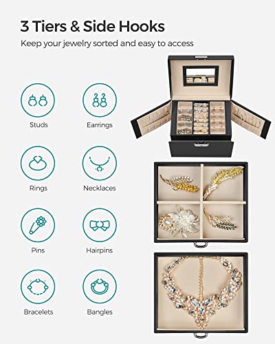 SONGMICS 3-Tier Jewelry Box, Travel Jewelry Case with Handle, 2 Drawers, Lockable Jewelry Organizer with Mirror, Jewelry S...