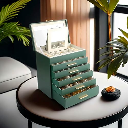 BOOVO Jewelry Box for Women, Green 6 Layer Large Jewelry Organizer with Glass Lid for Necklace, Bracelet, Earrings Storag...