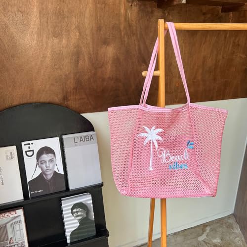 ukia Mesh Beach Tote, Large Capacity Beach Bags for Women Foldable Beach Tote Bag with Zipper Pocket