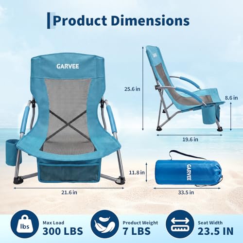 Garvee Low Beach Chair 2 Pack, Folding Portable Beach Chairs for Adults, Lightweight Extra Wide Seat Chair with Cup Holde...