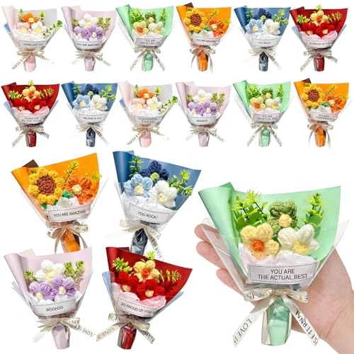 Riceshoot 12 Pcs Inspirational Crochet Gifts Positive Handmade Mini Crochet Flowers Bouquet Thank You Flower Bouquet Appre...