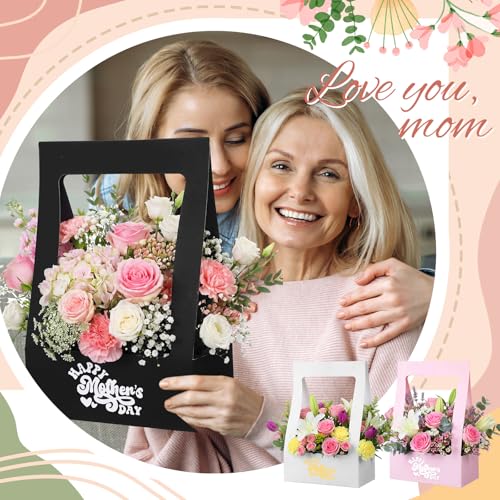 PerKoop 30 Pcs Mother's Day Flower Box for Arrangement Bouquet Bags for Flowers Gift Bags with Handle Waterproof Packaging...