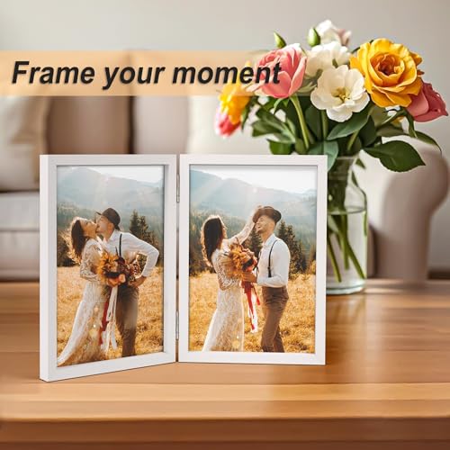 AEVETE 4x6 Picture Frames Double Hinged Wood Folding Photo Frames Vertical with Plexiglass Front, White