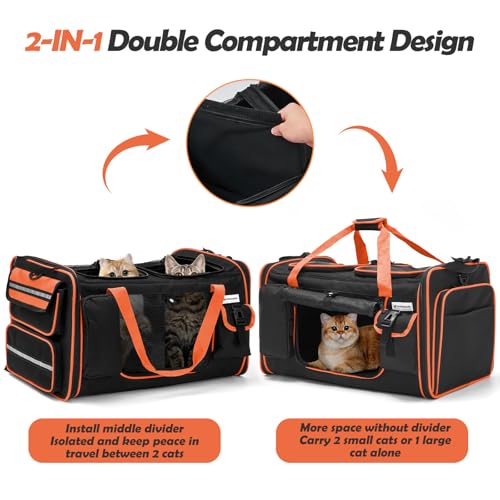 Expandable Extra Large Cat Carrier for 2 Cats with Litter Box for Kitten, Large Cat Small Dog Pet - Collapsible Double Cat...