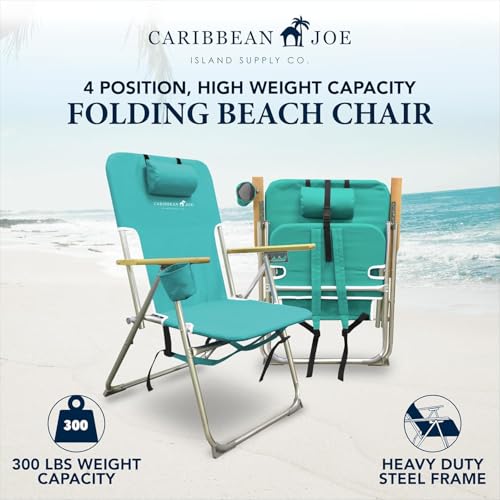 CARIBBEAN JOE Folding Beach Chair, 4 Position Portable Backpack Foldable Camping Chair with Headrest, Cup Holder, and Wood...