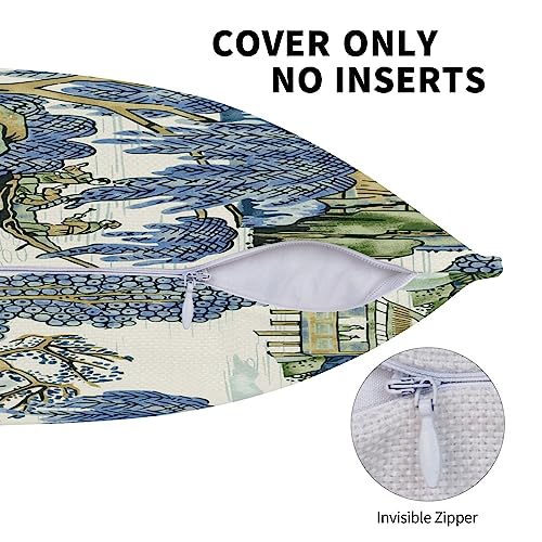 Wsunsal Chinoiserie Pillow Covers 16x16 Inch Set of 2, Asian Scenic Blue and Kelly Green Throw Pillows Farmhouse Chinoiser...