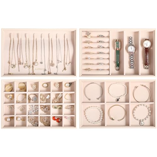 LANDICI Stackable Jewelry Organizer Trays 4 Set,PU Leather Jewelry Organizer Drawer,Jewelry Storage Display Tray for Earri...