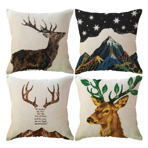 ULOVE LOVE YOURSELF Deer Throw Pillow Case 4 Pack Cotton Linen Cushion Covers,18 X 18 Inch Square Pillow Covers for Home D...