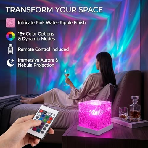 Rechargeable Ocean Wave Projector Light, 16 Color Changeable & Dimmable Shower Lamp with Remote, Cube Mood Ambient Lightin...