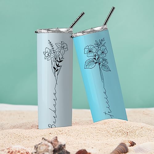 Birthday Gifts for Women, Personalized Tumblers with Birth Flower and Name, 10 Colors - 20 Oz, Skinny Tumblers for Women