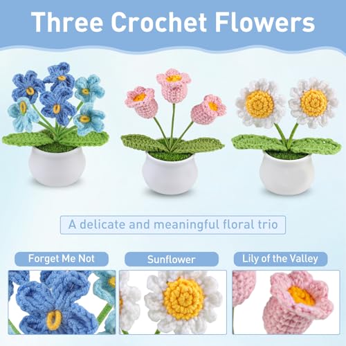 Aeekkya 3pcs Crochet Flowers Pot, Cute Handmade Crochet Flower Desk Decor with Sunflower, Lily of the Valley, Forget Me No...
