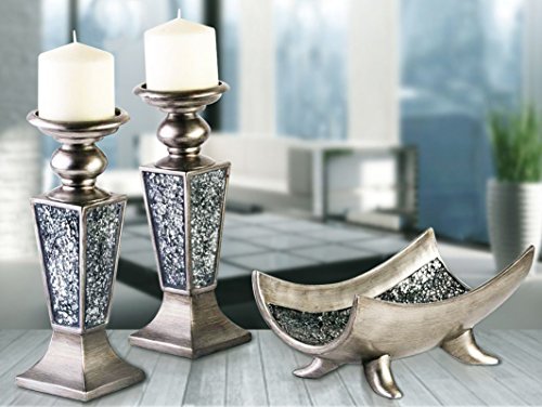 Creative Scents Schonwerk Silver Pillar Candle Holder Set of 2 - Crackled Mosaic Design - Centerpiece Table Decoration - C...