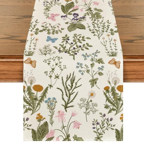 Artoid Mode Wildflowers Floral Spring Table Runner, Seasonal Summer Butterfly Kitchen Dining Table Decoration for Home Par...