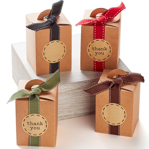 Small Gift Boxes with Ribbons & Stickers (20 Pack) 4.7” x 3.5” Brown Kraft Treat Boxes for Christmas Cookies, Candy, Decor...