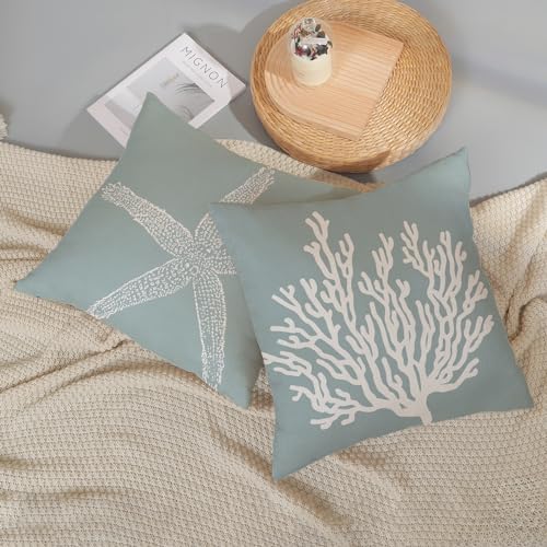GOLIANDA Coastal Pillow Covers 18x18 Inch Set of 2 Blue Coral Starfish Throw Pillows Nautical Ocean Decorations Summer Lin...
