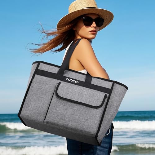 Codcey Large Utility Tote Bag with Reinforced Bottom, Waterproof Multi Pockets Beach Tote Bag for Travel, Work, School