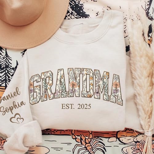 Personalized Floral Embroidered Applique Grandma Sweatshirt For Women, Custom Grandma Gifts from Grandkids, Mimi Sweater, ...