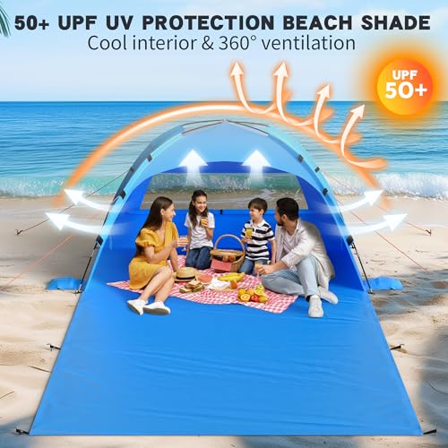 Beach Tent Sun Shelter with Extended Sand Mat 114×82inch，UPF 50+ Protection, 3 Double-Layer Windows for Enhanced Privacy; ...