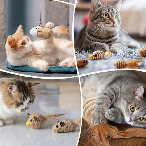 Leitee 20pcs Cat Interactive Toys Set Wooden Cats Teaser Wand Toy with Feather Handle Chew Rope Mouse Sisal Balls with Bel...