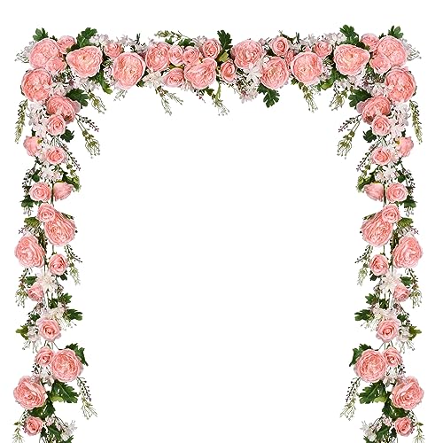 Artiflr 2 Pack Artificial Peony Garland Flowers, 12ft Floral Greenery Garland Rose Flower Vine with Pink Peony and Green L...