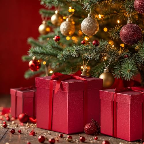 UNIQOOO 5Pcs Red Glitter Xmas Gift Box Set with Lid, Assorted Size, Square Nested Wedding Keepsake Boxes, Holiday Paper Bo...